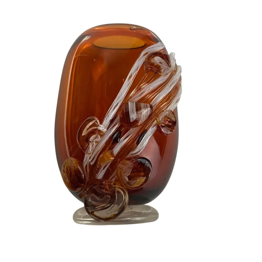 Studio Art Glass Vase Amber Swirl Applied Ribbon Abstract Signed vAB Modern 2018